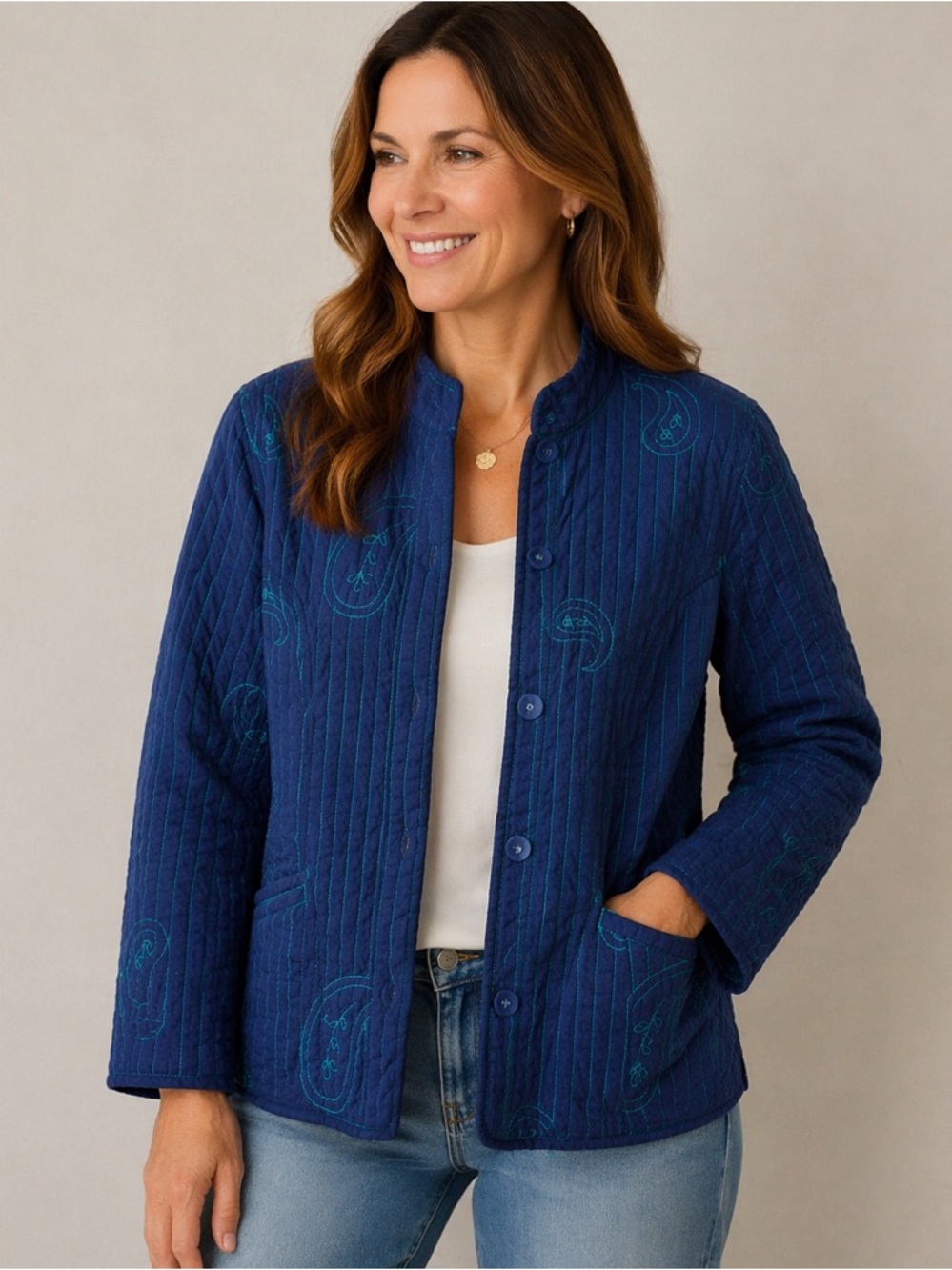 Chico's Reversible Blue Quilted Jacket Paisley Embroidery Ladies 0